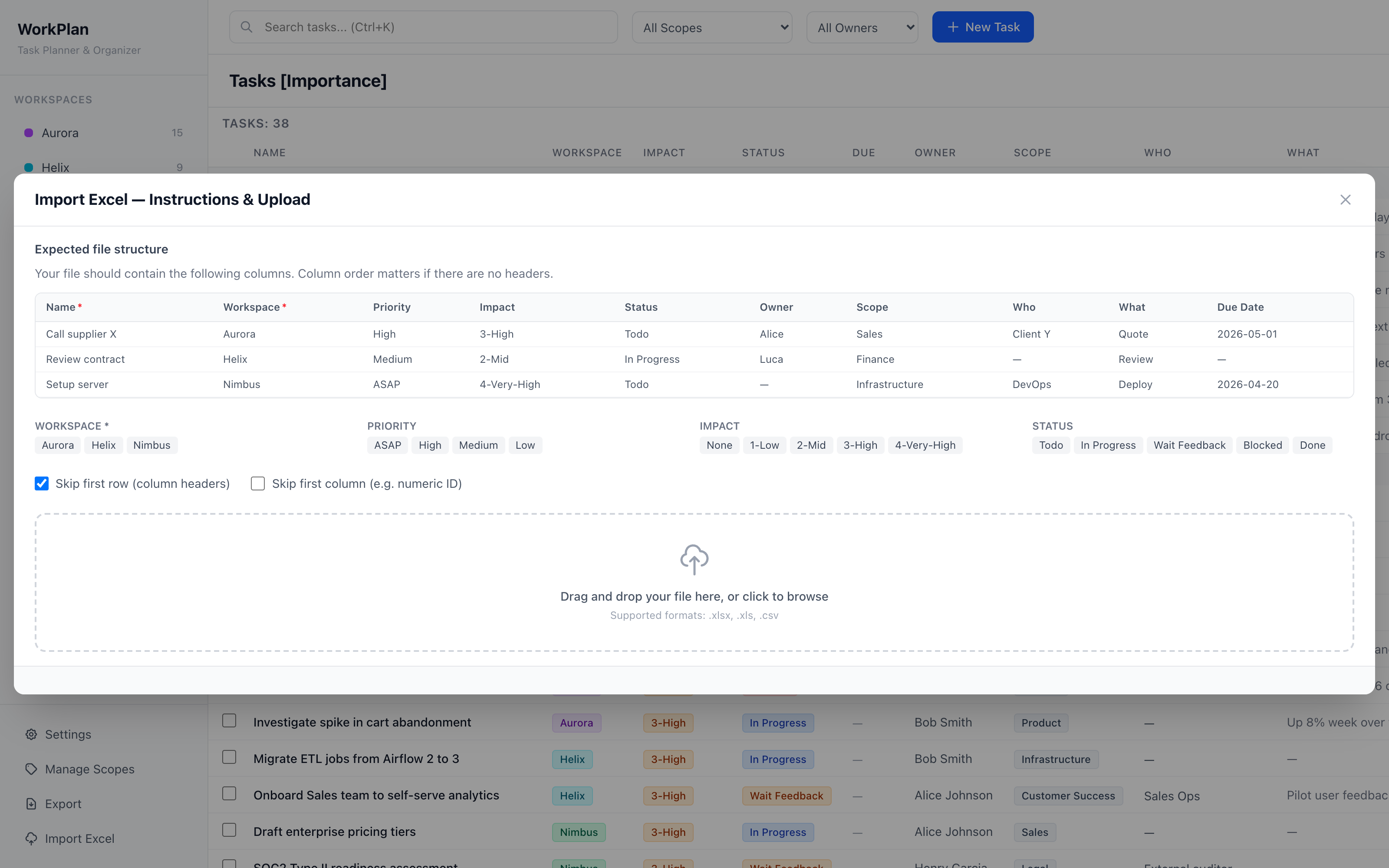 Excel import wizard